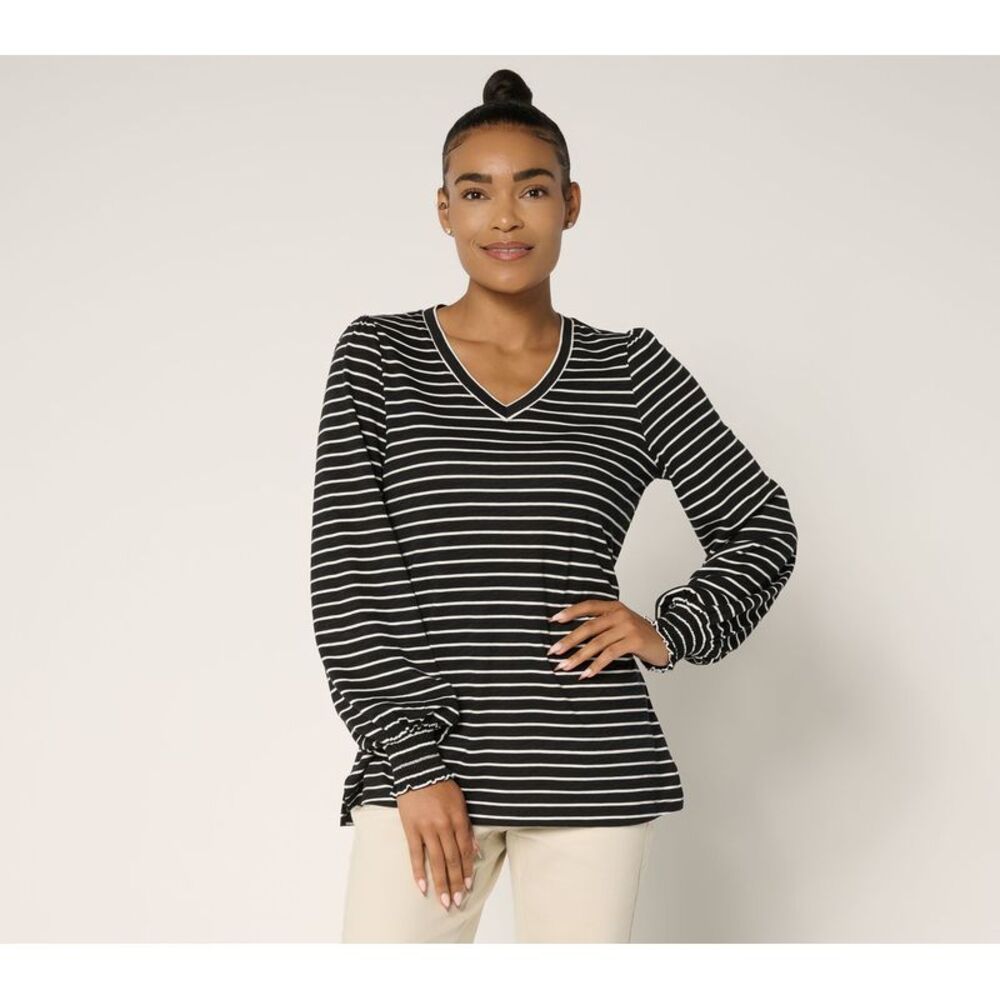 Belle by Kim Gravel Women's Top Plus Sz 3X Slub Knit Pinstripe V Black